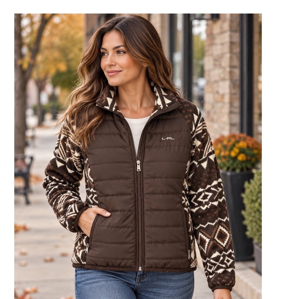 Lauren Ralph Lauren Active Brown Quilted Hybrid Fleece Jacket Fair Isle Large